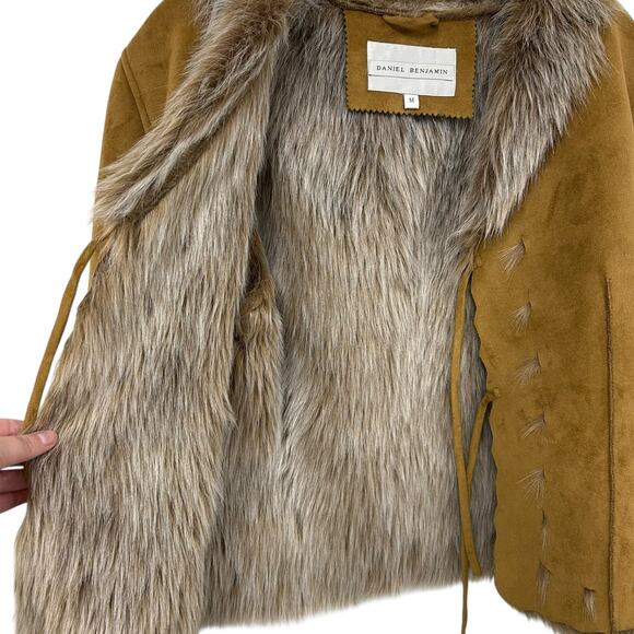 Vintage Daniel Benjamin Tan Suede Faux Fur Lined Tie Front Jacket Womens Medium - Picture 6 of 7
